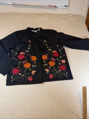 Black Embroidered Floral Button Jacket491